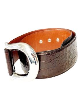 Brian Toohey wide equestrian croc embossed leather belt silver toned buckle | S